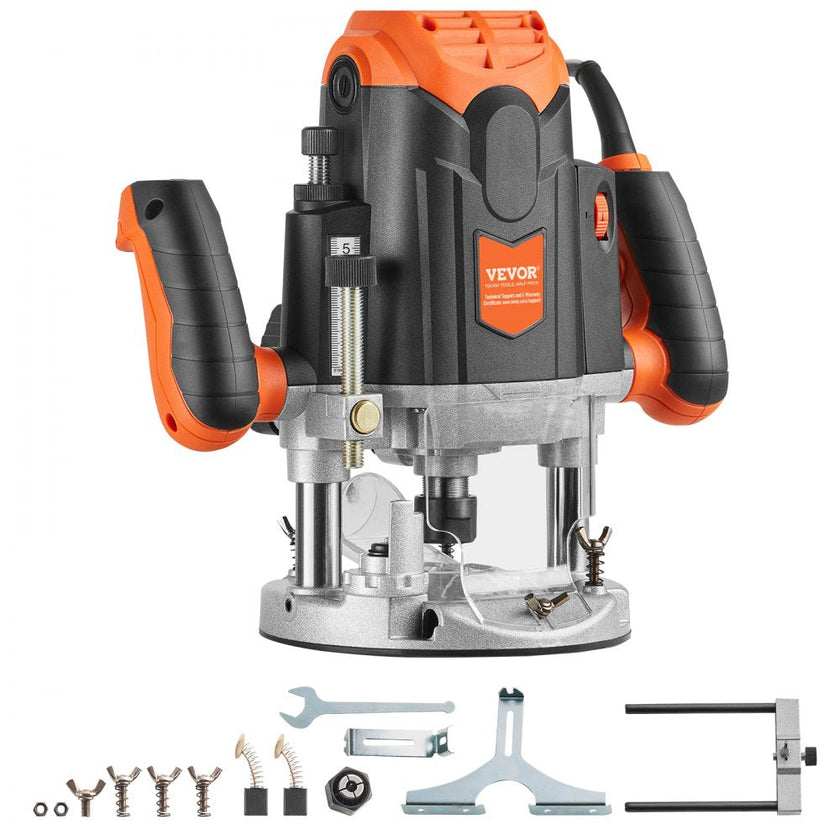 VEVOR Plunge Router, 3-1/4 HP, 120V, 12000-23000 RPM Variable Speed, Electronic Plunge Base Router, Plunge Woodworking Router Kit with Carry Case, Parallel Guide, Straight Guide, 1/4