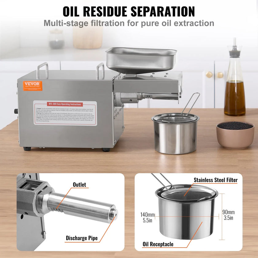 VEVOR Electric Oil Press Machine, 700W Stainless Steel Oil Extractor Machine, 140℃ / 284℉ Constant Temperature, Hot Press Oil Expeller for Pressing Peanuts, Sesame Seeds, Rapeseed, Tea Seeds