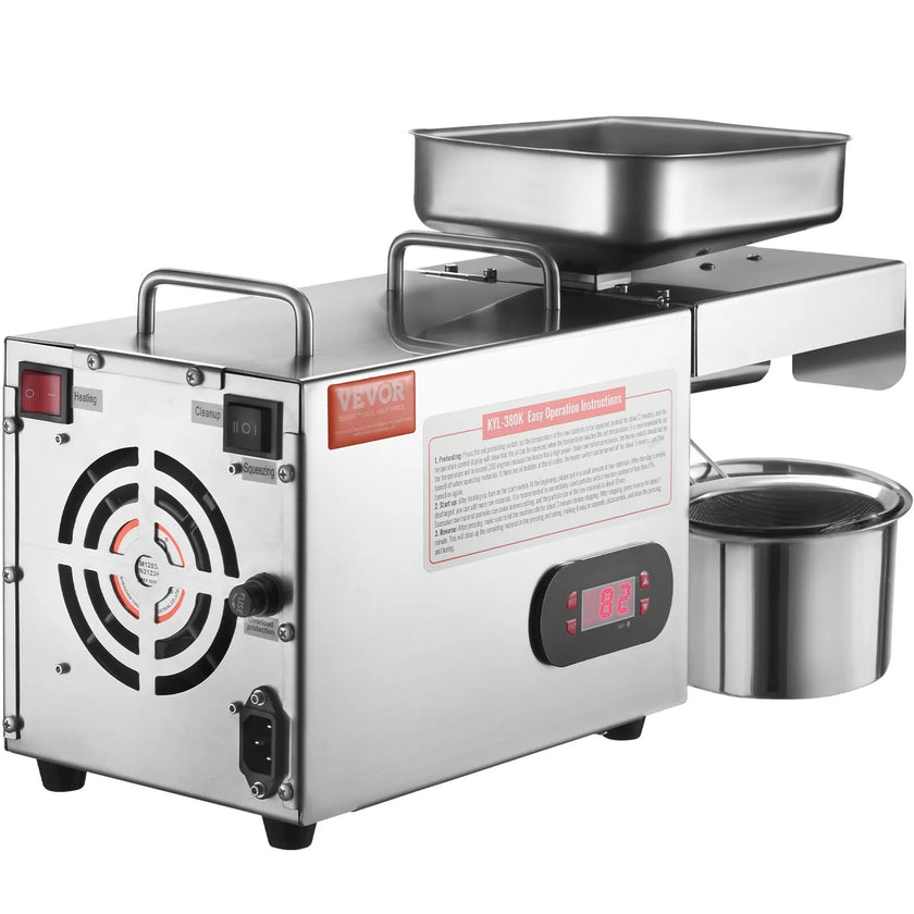 VEVOR Electric Oil Press Machine, 850W Stainless Steel Oil Extractor Machine, 0-300℃ / 32 - 572 ℉ Adjustable Temperature, Hot Press Oil Expeller for Pressing Peanuts, Sesame Seeds, Rapeseed, Tea Seeds