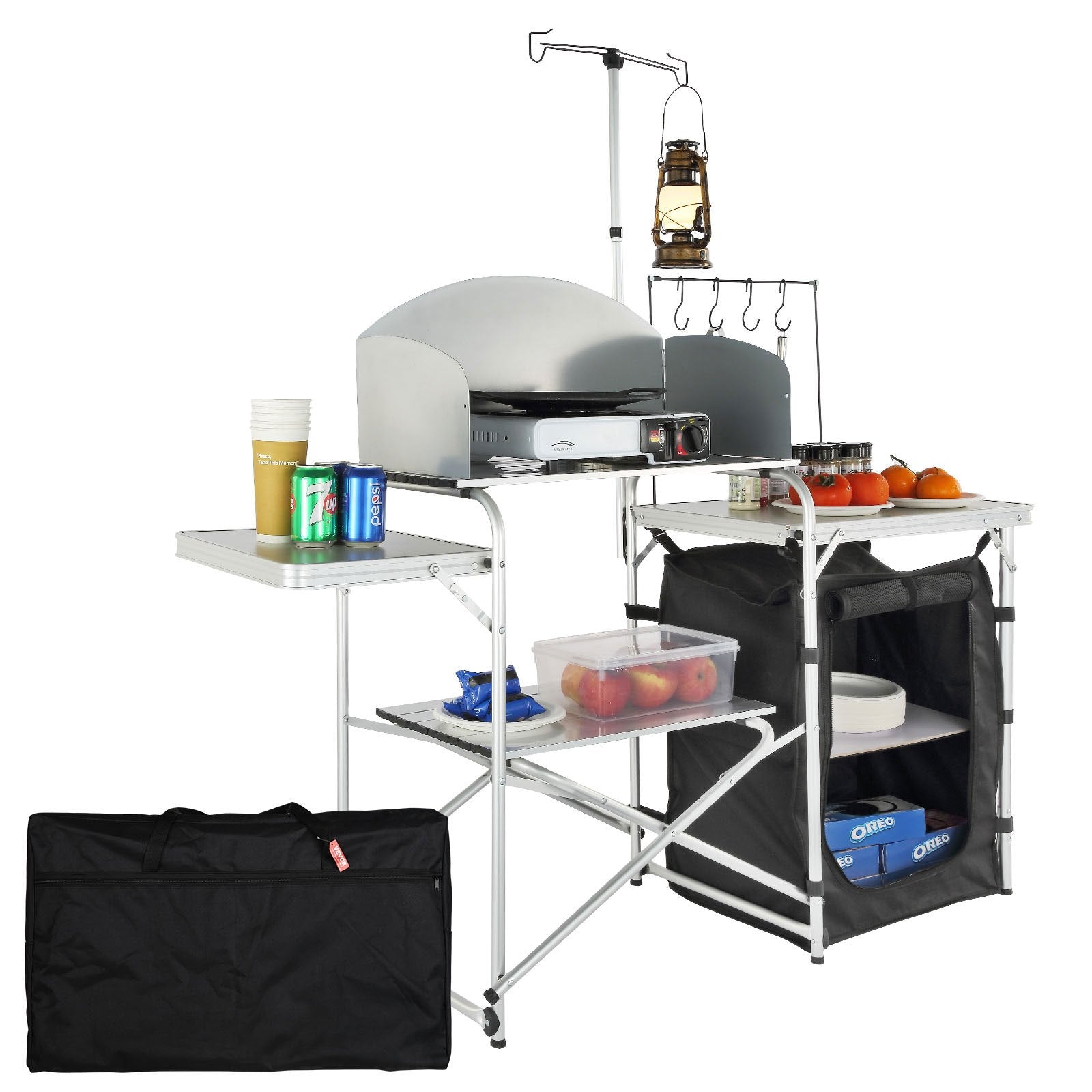 VEVOR Camping Kitchen Table, Folding Outdoor Cooking Table with Storage Carrying Bag, Aluminum Cook Station 1 Cupboard & Detachable Windscreen, Quick Set-up for Picnics, BBQ, RV Traveling, Black