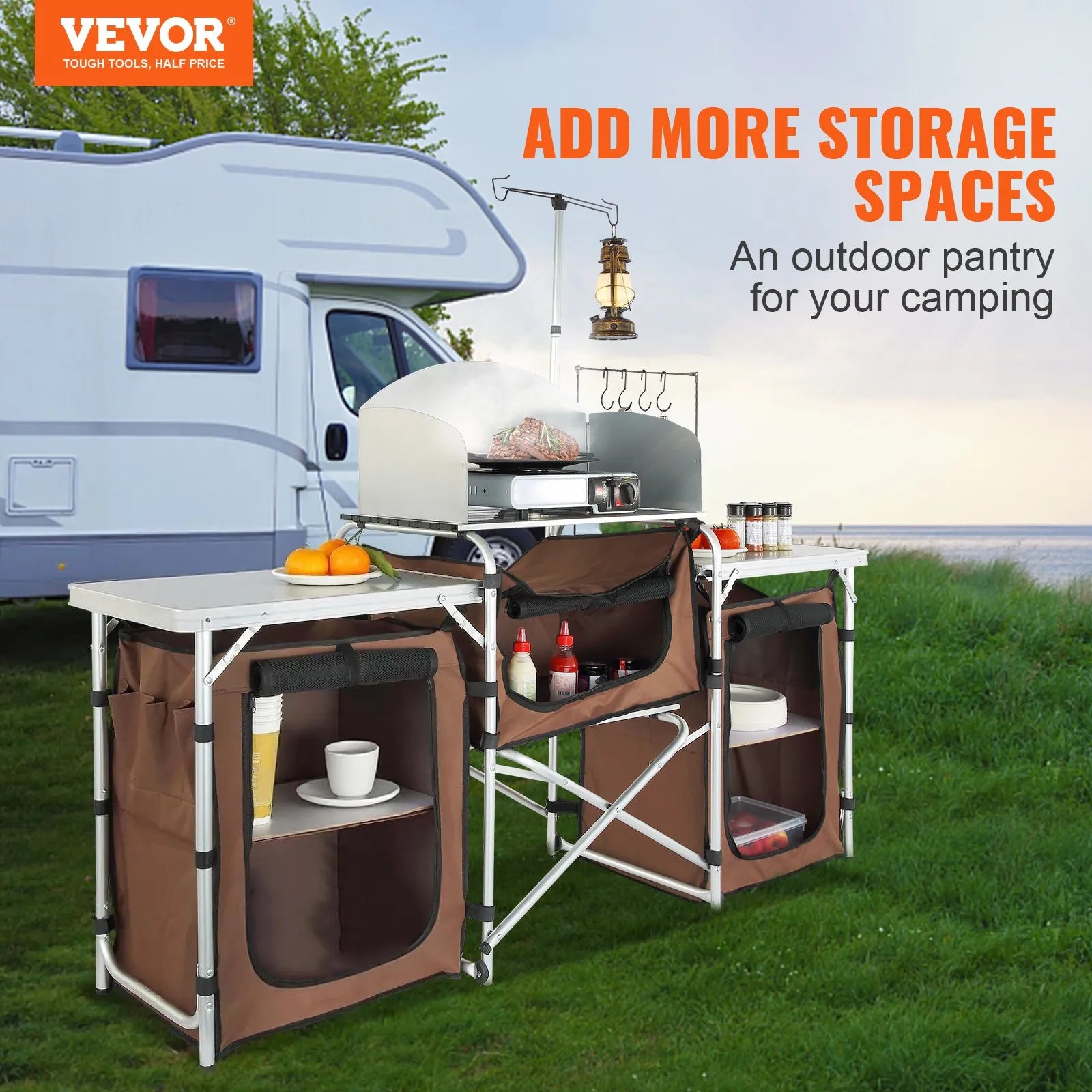 VEVOR Camping Kitchen Table, Folding Outdoor Cooking Table with Storage Carrying Bag, Aluminum Cook Station 3 Cupboard & Detachable Windscreen, Quick Set-up for Picnics, BBQ, RV Traveling, Brown