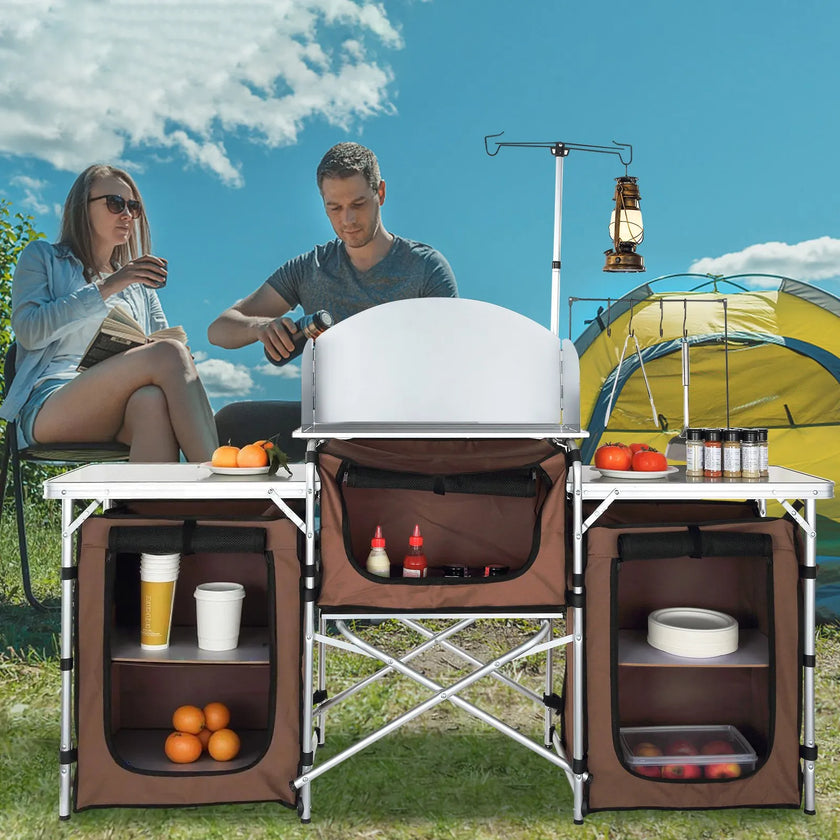 VEVOR Camping Kitchen Table, Folding Outdoor Cooking Table with Storage Carrying Bag, Aluminum Cook Station 3 Cupboard & Detachable Windscreen, Quick Set-up for Picnics, BBQ, RV Traveling, Brown