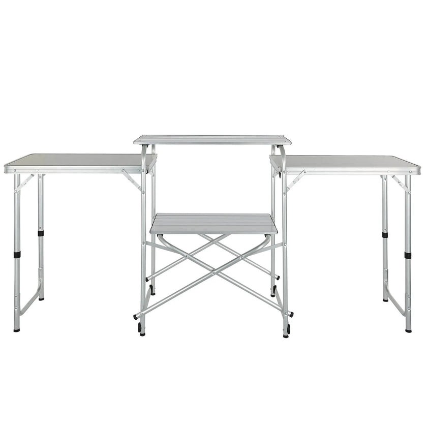 VEVOR Camping Kitchen Table, Folding Outdoor Cooking Table with Storage Carrying Bag, Aluminum Cook Station 3 Cupboard & Detachable Windscreen, Quick Set-up for Picnics, BBQ, RV Traveling, Brown
