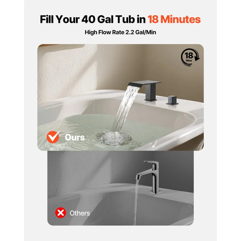 Roman Tub Faucet Waterfall Bathtub Faucet Set – Matte Black, 3-Hole Deck Mount, Dual Handle, Drip-Free Stainless Steel Design