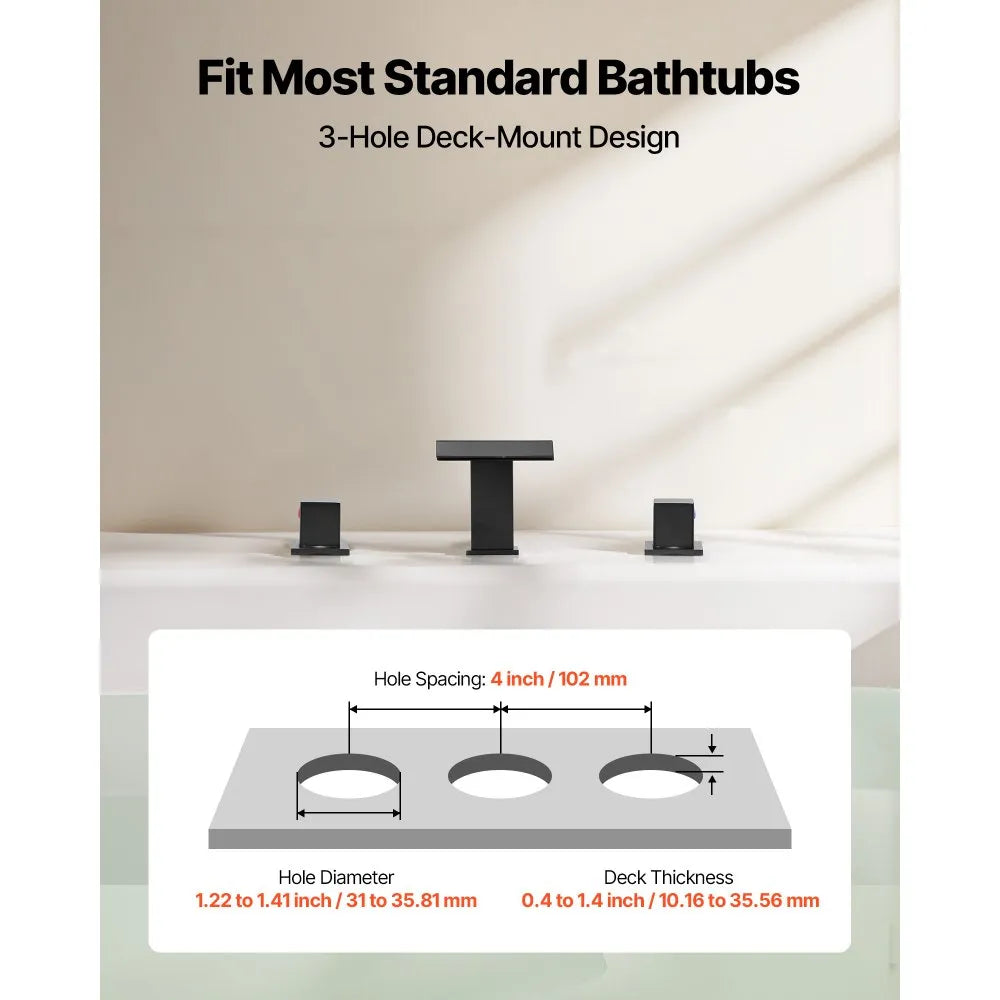 Roman Tub Faucet Waterfall Bathtub Faucet Set – Matte Black, 3-Hole Deck Mount, Dual Handle, Drip-Free Stainless Steel Design