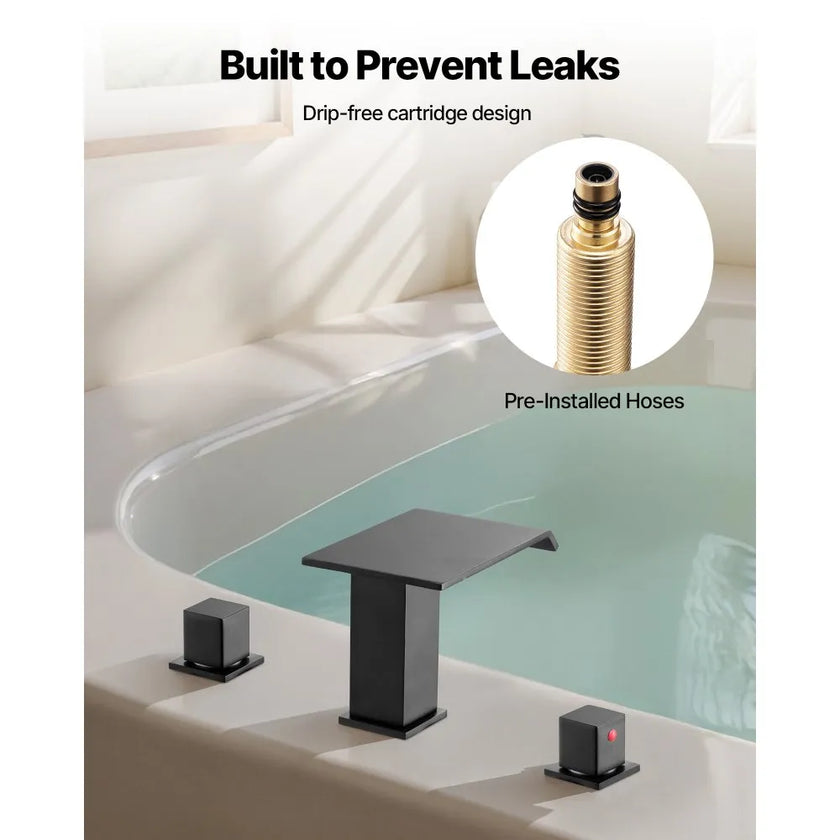 Roman Tub Faucet Waterfall Bathtub Faucet Set – Matte Black, 3-Hole Deck Mount, Dual Handle, Drip-Free Stainless Steel Design