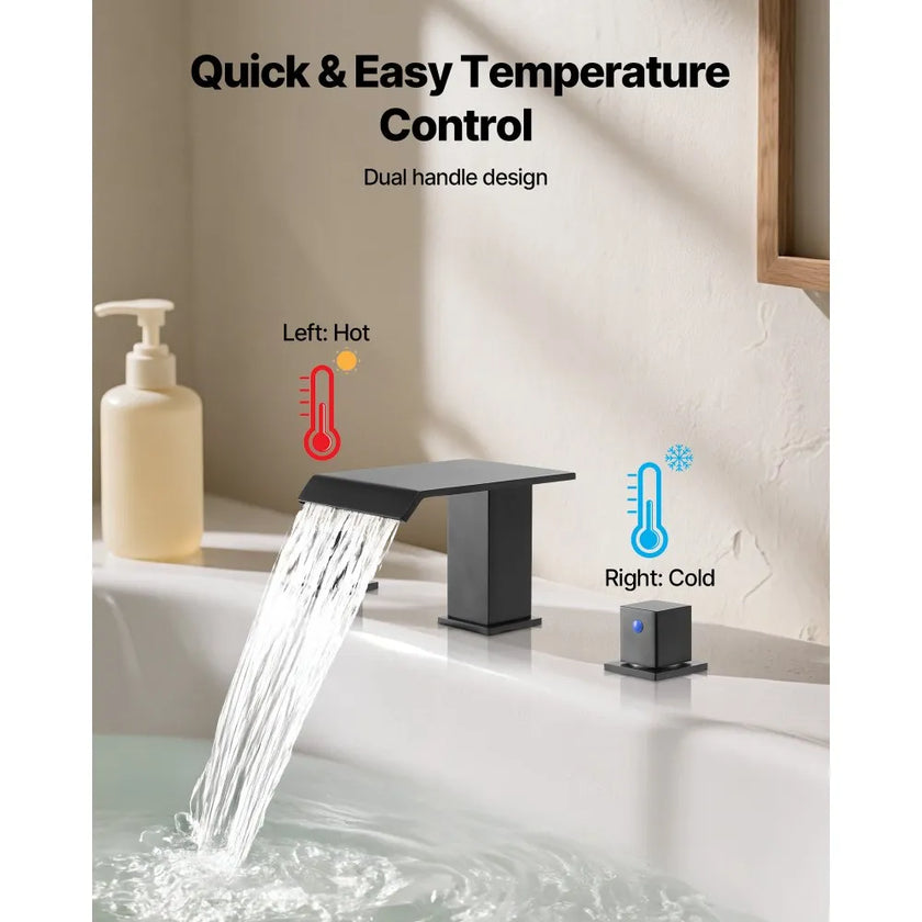 Roman Tub Faucet Waterfall Bathtub Faucet Set – Matte Black, 3-Hole Deck Mount, Dual Handle, Drip-Free Stainless Steel Design