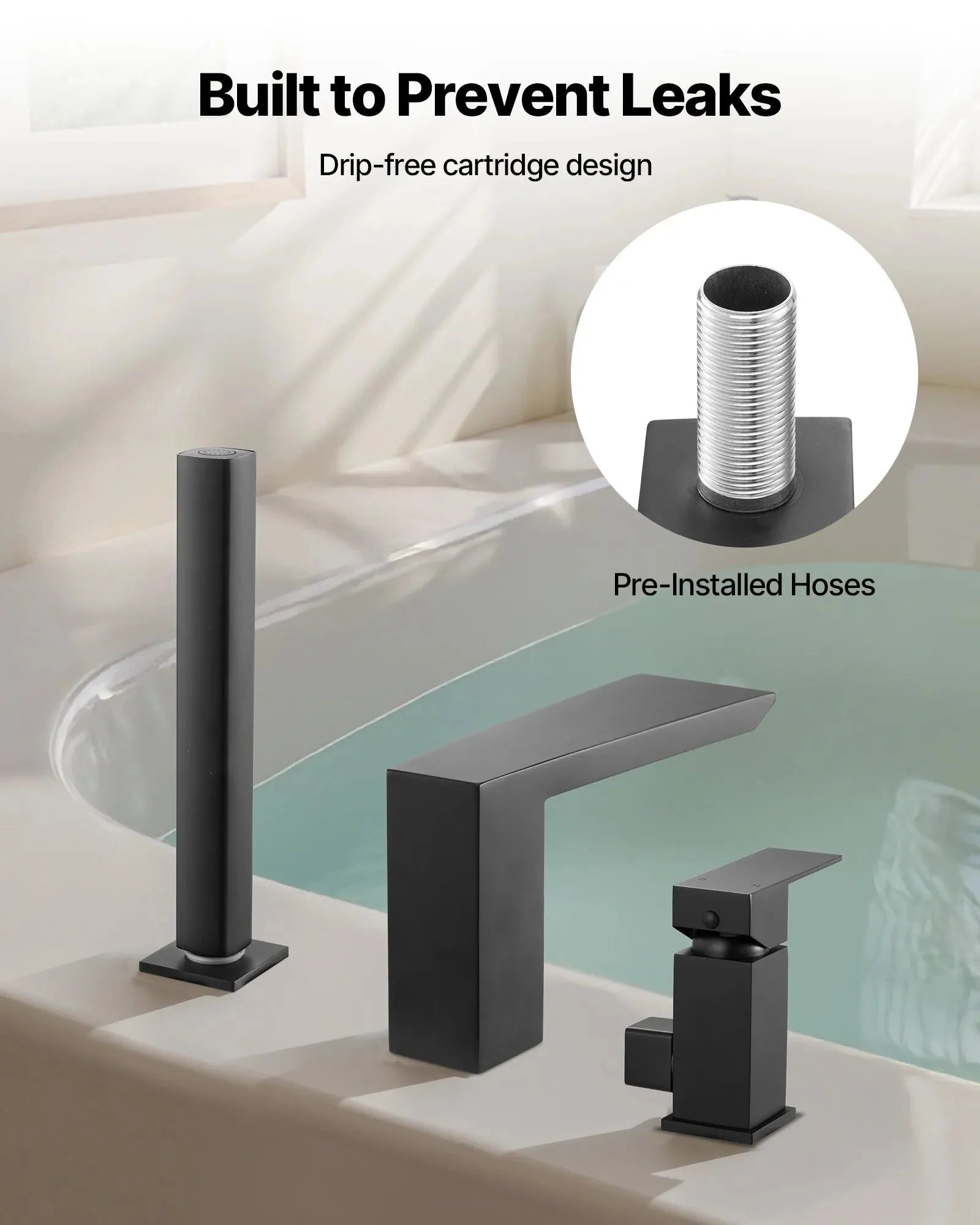 VEVOR Roman Tub Faucet, 3-Hole Bathtub Faucet with Handheld Shower, Matte Black, Stainless Stee