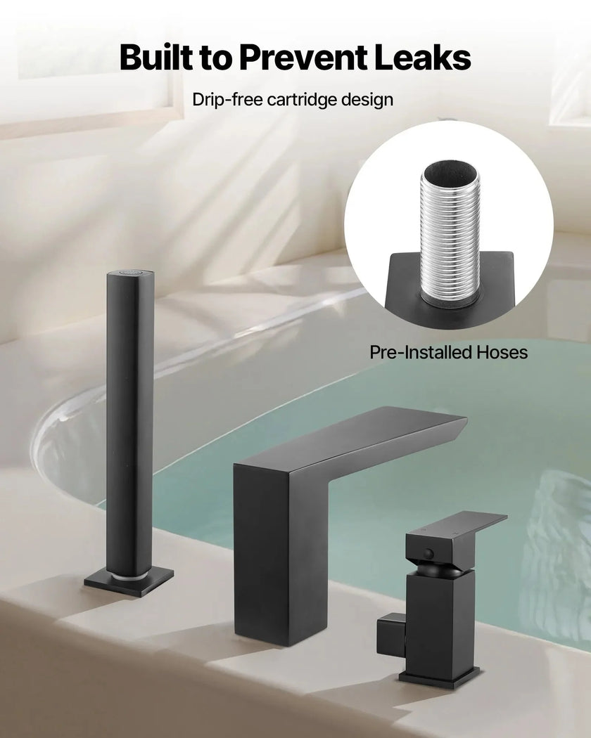VEVOR Roman Tub Faucet, 3-Hole Bathtub Faucet with Handheld Shower, Matte Black, Stainless Stee