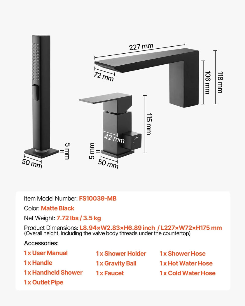 VEVOR Roman Tub Faucet, 3-Hole Bathtub Faucet with Handheld Shower, Matte Black, Stainless Stee