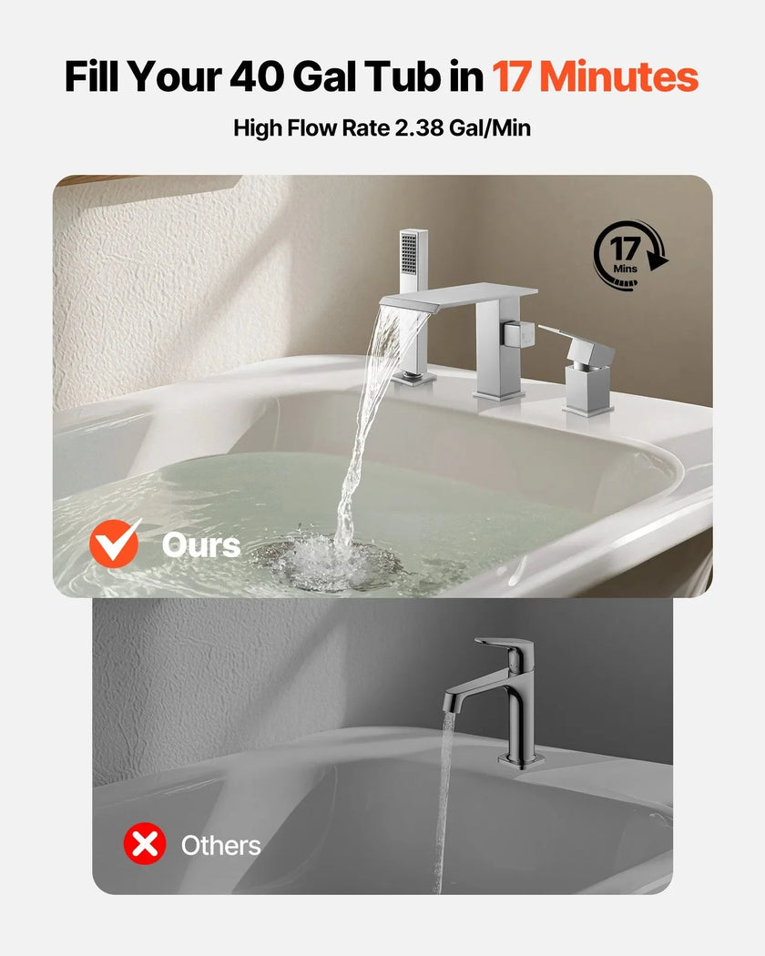 VEVOR Roman Tub Faucet, 3 Hole Waterfall Bathtub Faucet, Roman Bathtub Faucets Set with Shower Head & 1 Handle, Deck Mount Bath Tub Faucets Set for Adult Bathing, Brushed Stainless Steel, Drip-Free