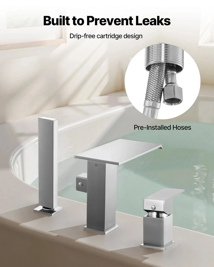 VEVOR Roman Tub Faucet, 3 Hole Waterfall Bathtub Faucet, Roman Bathtub Faucets Set with Shower Head & 1 Handle, Deck Mount Bath Tub Faucets Set for Adult Bathing, Brushed Stainless Steel, Drip-Free