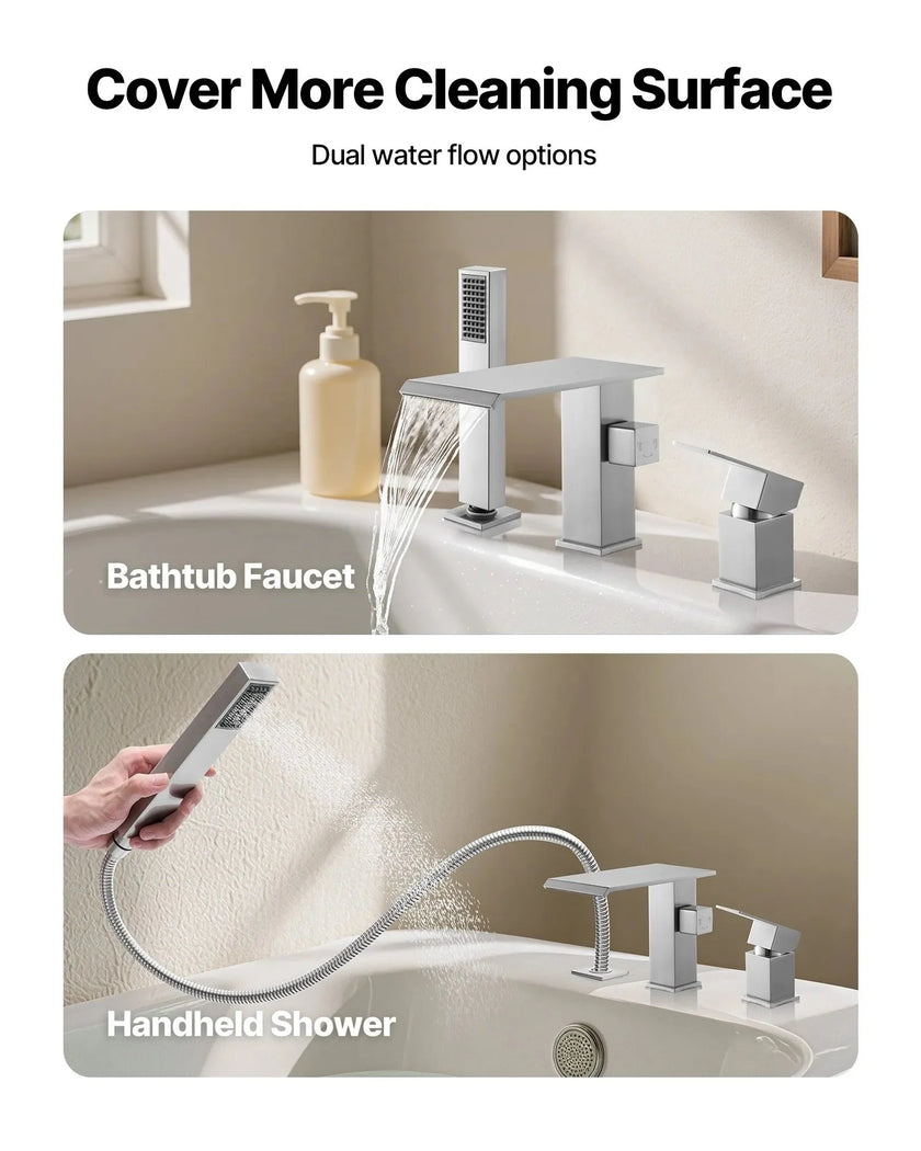 VEVOR Roman Tub Faucet, 3 Hole Waterfall Bathtub Faucet, Roman Bathtub Faucets Set with Shower Head & 1 Handle, Deck Mount Bath Tub Faucets Set for Adult Bathing, Brushed Stainless Steel, Drip-Free