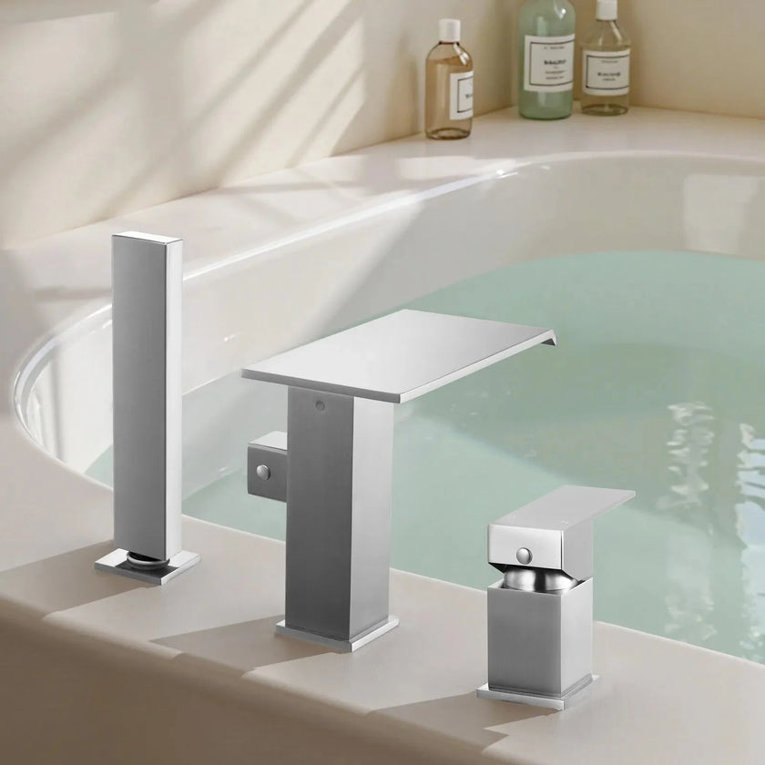 VEVOR Roman Tub Faucet, 3 Hole Waterfall Bathtub Faucet, Roman Bathtub Faucets Set with Shower Head & 1 Handle, Deck Mount Bath Tub Faucets Set for Adult Bathing, Brushed Stainless Steel, Drip-Free