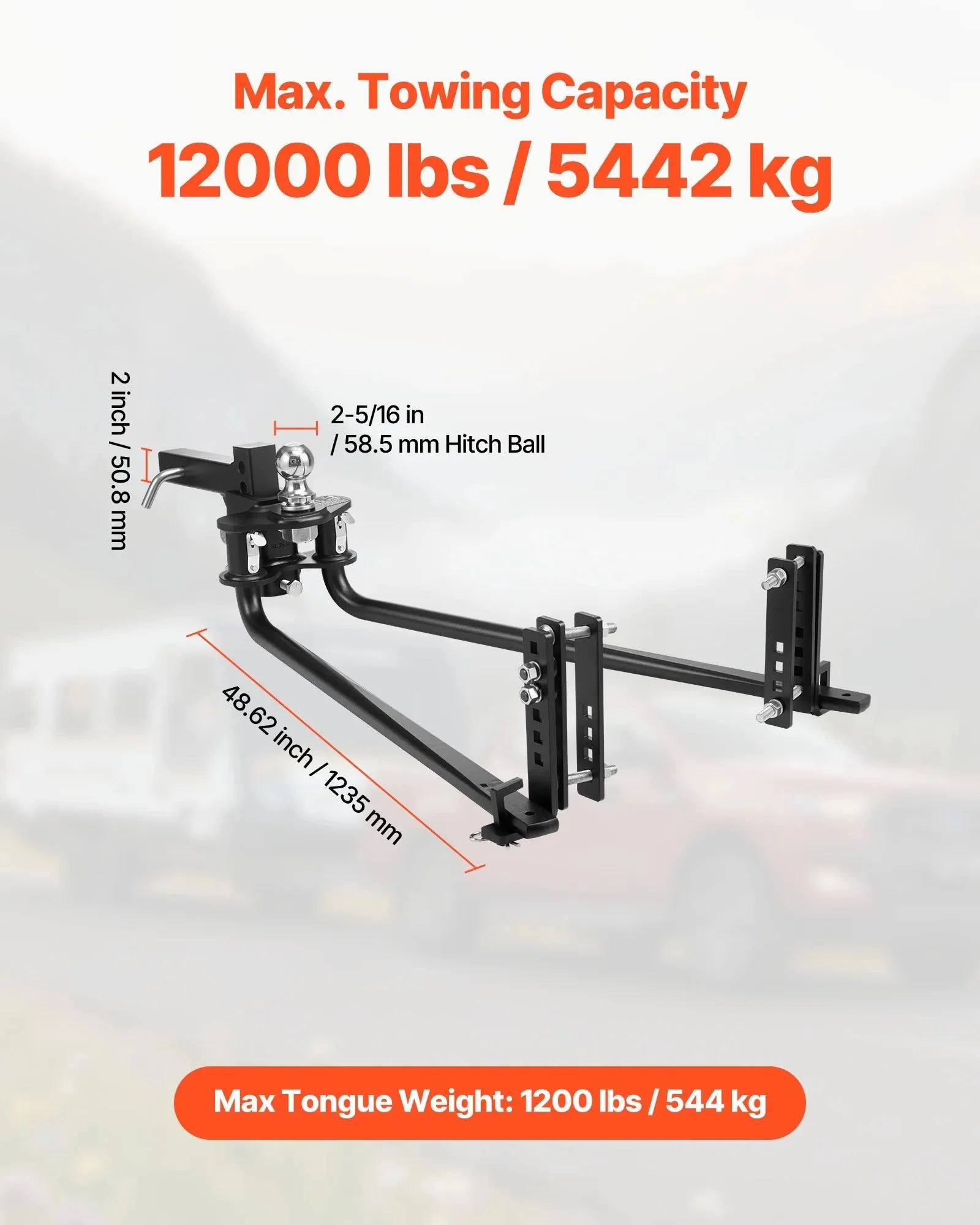 VEVOR Weight Distribution Hitch, 12000 lbs Max Towing & 1200 lbs Max Tongue, Weight Distributing Hitches Kit with Sway Control Includes 2 in Shank & 2-5/16 in Ball, Load Leveling Hitch for Trailers