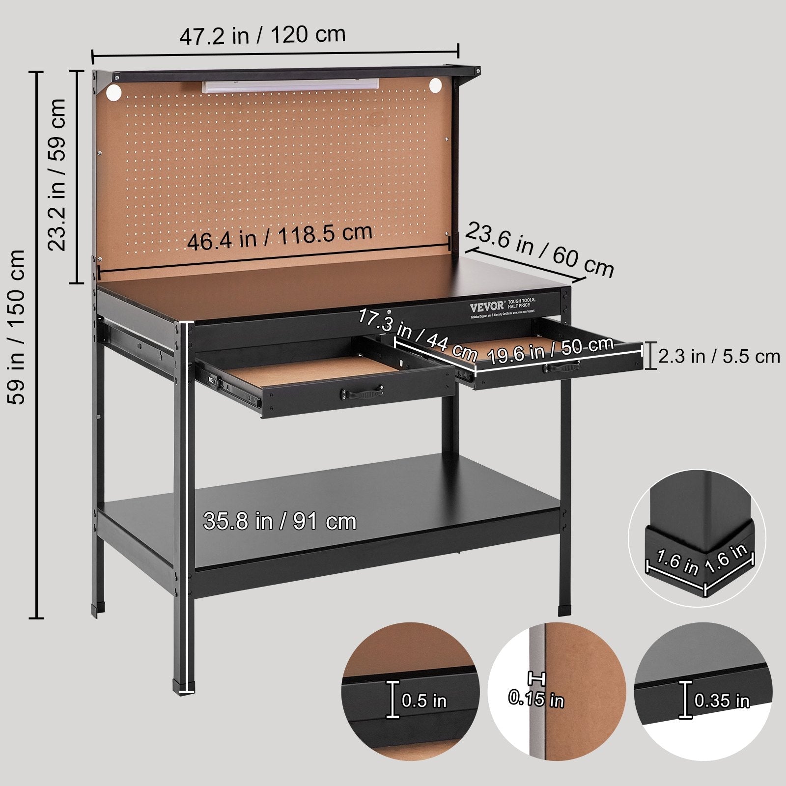 VEVOR Workbench A3 Steel Work Bench For Garage max. 1500W Heavy Duty Workbench 220lbs Weight Capacity 0.47