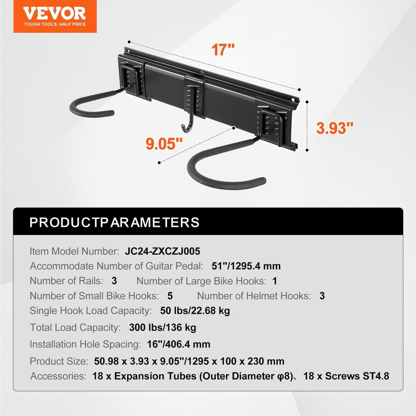 VEVOR Bike Storage Rack, 6 Bike Racks and 3 Helmets Hooks, Wall Mount Bike Storage Hanger, Home & Garage Organizer, Customizable for Various Bike Sizes, Adjustable Holder, Holds Up to 300 lbs, 51-inch