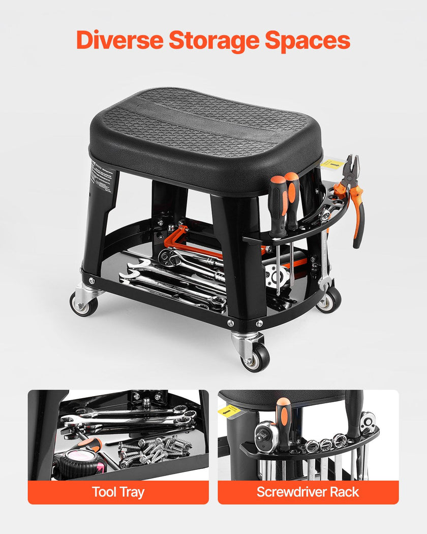 VEVOR Mechanic Stool Rolling Workshop Seat 300 lbs Load with Wheels & Tool Tray