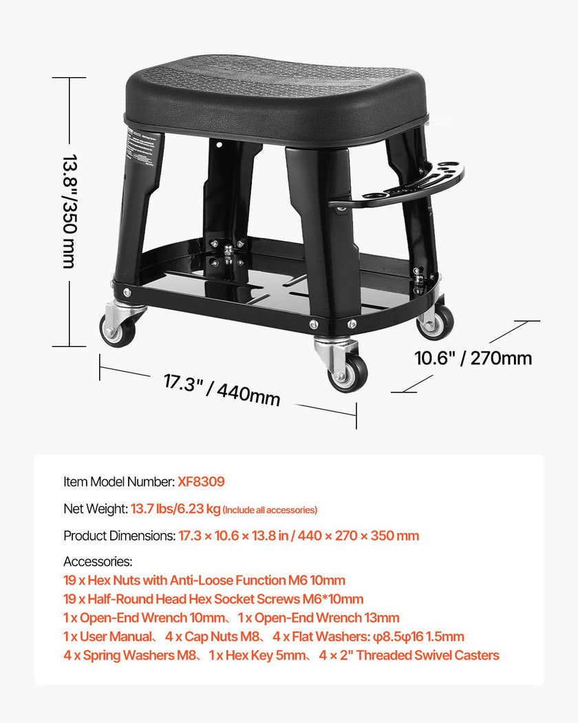 VEVOR Mechanic Stool Rolling Workshop Seat 300 lbs Load with Wheels & Tool Tray