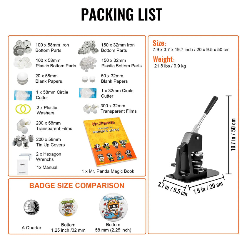 VEVOR Button Maker Machine, Multiple Sizes 1.25+2.25 Inch Badge Punch Press Kit, Children DIY Gifts Pin Maker, Button Making Supplies with 500pcs Button Parts & Circle Cutter & Magic Book