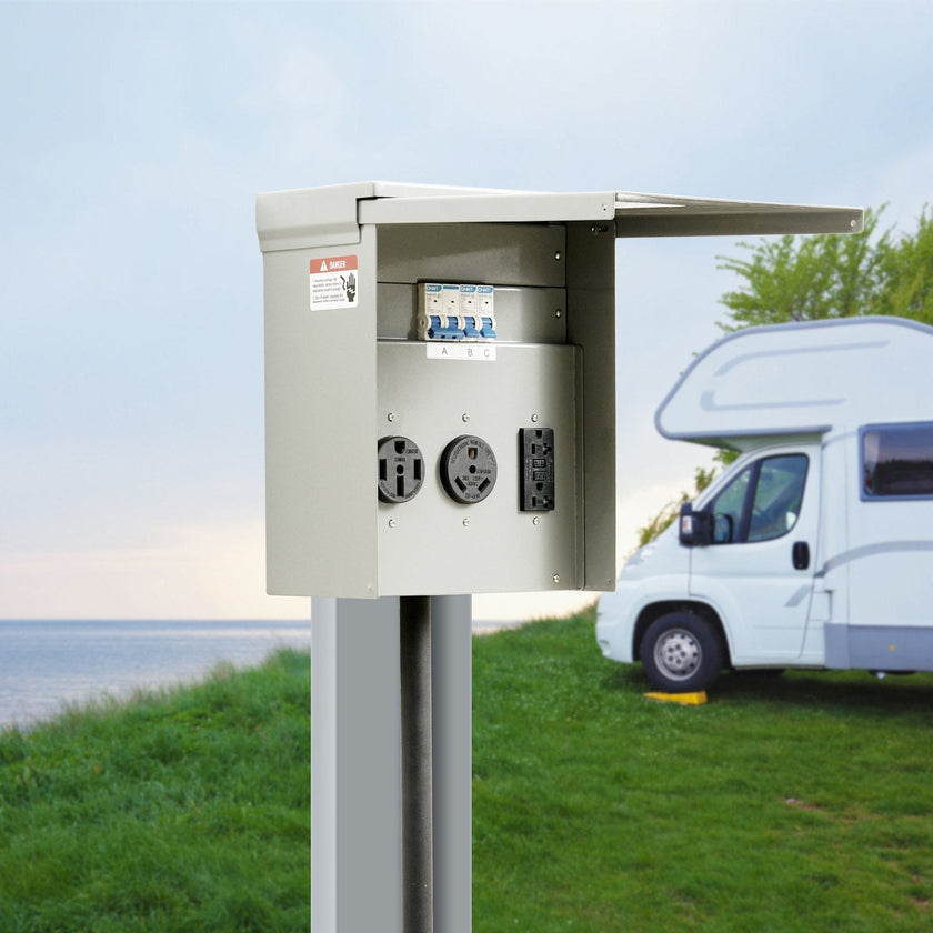 VEVOR Temporary Power Outlet Panel, 125/250V, RV Power Outlet Box with a 20/30/50 Amp Receptacle Installed, NEMA 14-50R / NEMA TT-30R / 15A GFCI for RV Camper Trailer Motorhome, Tested to UL Standards
