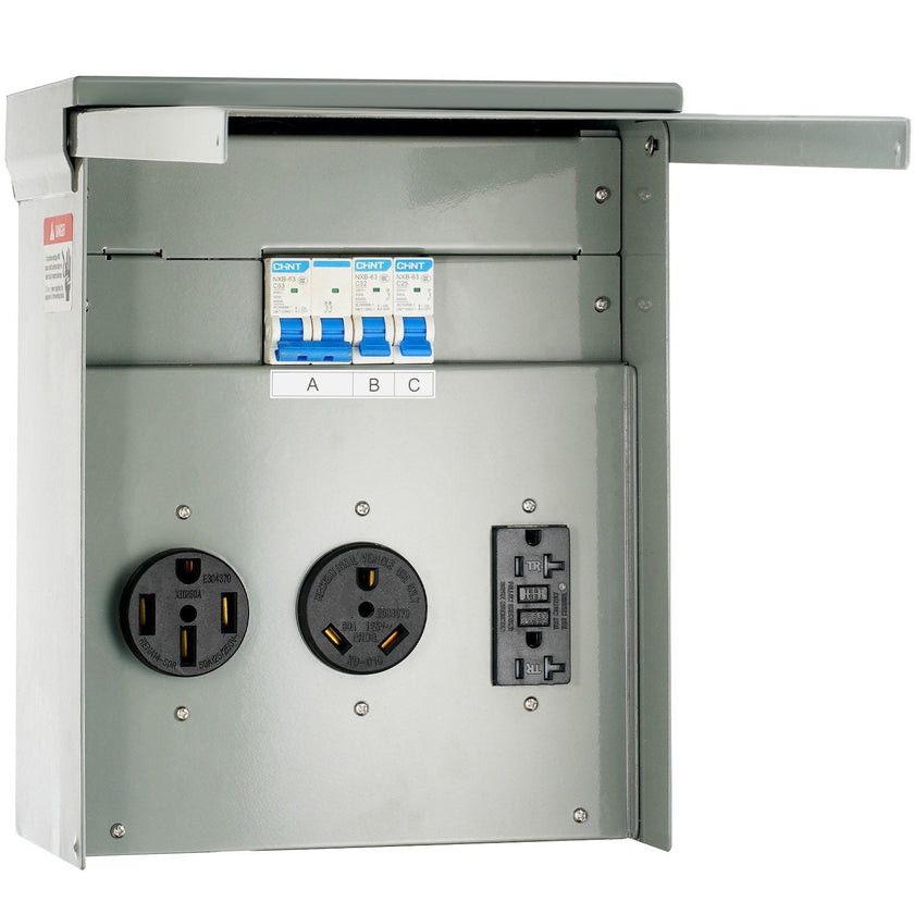 VEVOR Temporary Power Outlet Panel, 125/250V, RV Power Outlet Box with a 20/30/50 Amp Receptacle Installed, NEMA 14-50R / NEMA TT-30R / 15A GFCI for RV Camper Trailer Motorhome, Tested to UL Standards