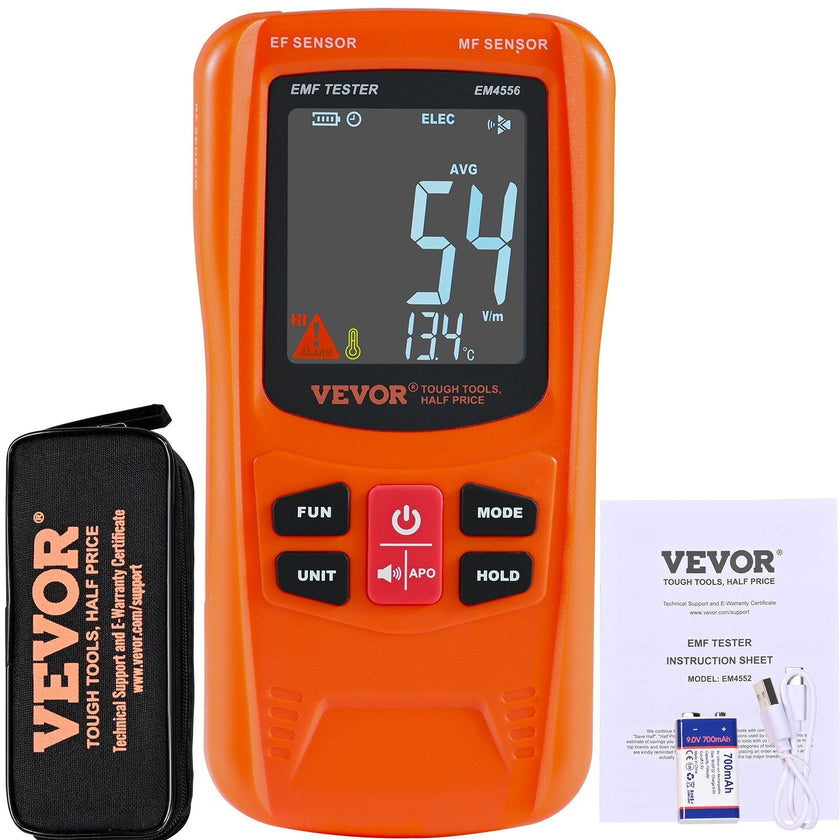 VEVOR 3-in-1 EMF Meter, 5Hz-6GHz, Handheld Rechargeable Electromagnetic Field Radiation Detector, Digital LCD EMF Tester for EF MF RF Home Inspections Outdoor Ghost Hunting 5G Cell Tower Temperature