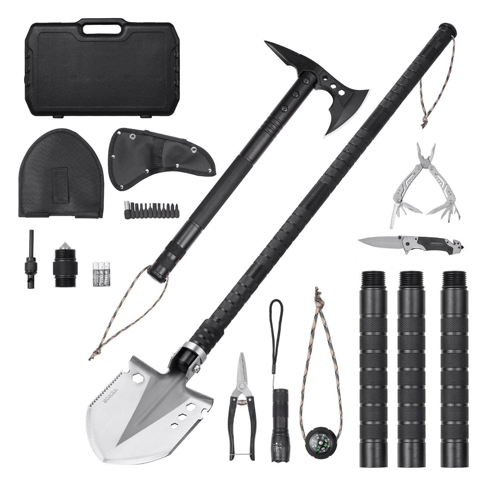 VEVOR Survival Shovel Survival Axe 28-in-1 Camping Folding Shovels with Hatchet
