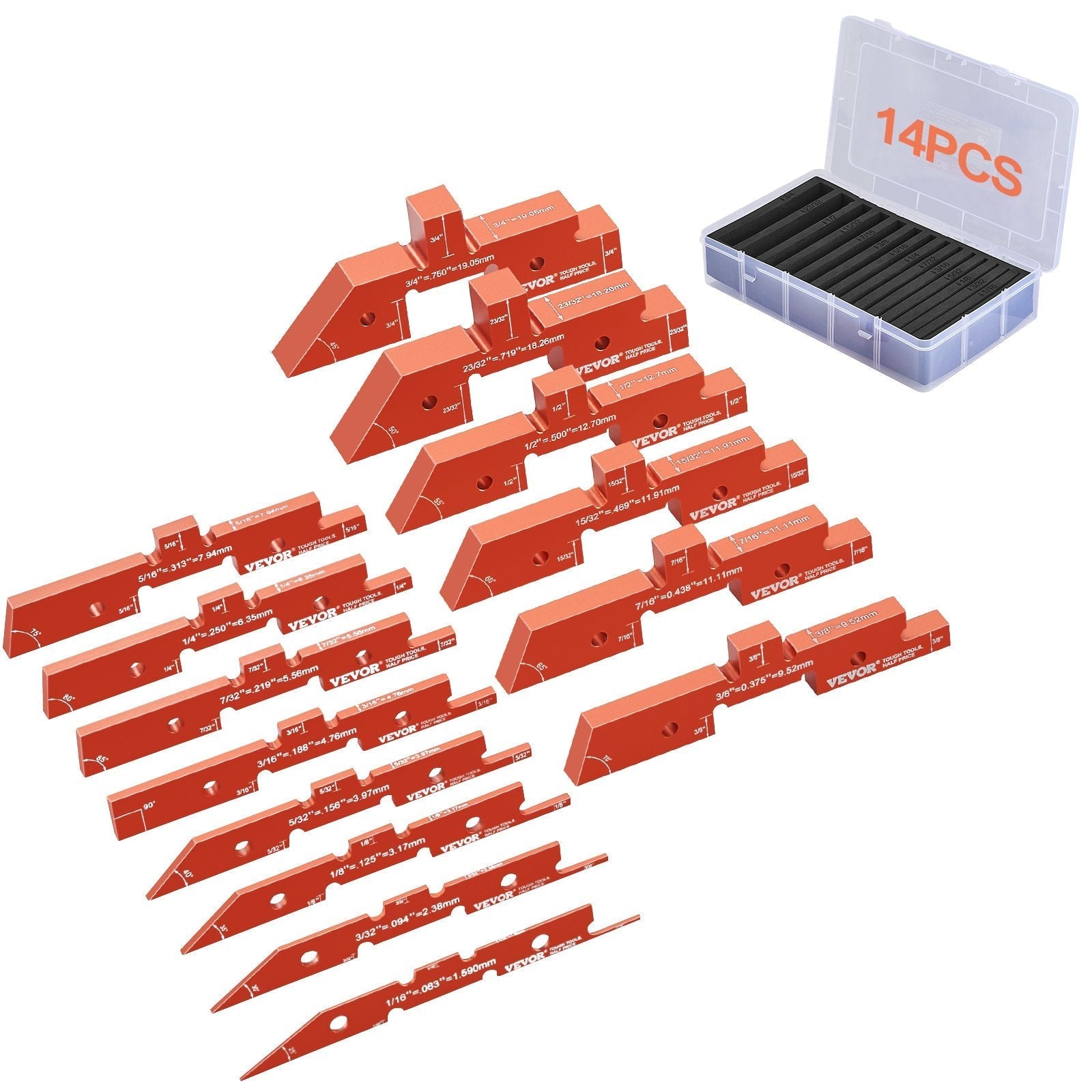 VEVOR Router Table Setup Bars, 14 pcs, Precision Aluminum Setup Blocks Height Gauge Set, with Laser Engraved Size Markings Storage Case, Measuring Depth Height Angle, for Router Table Saw Accessories