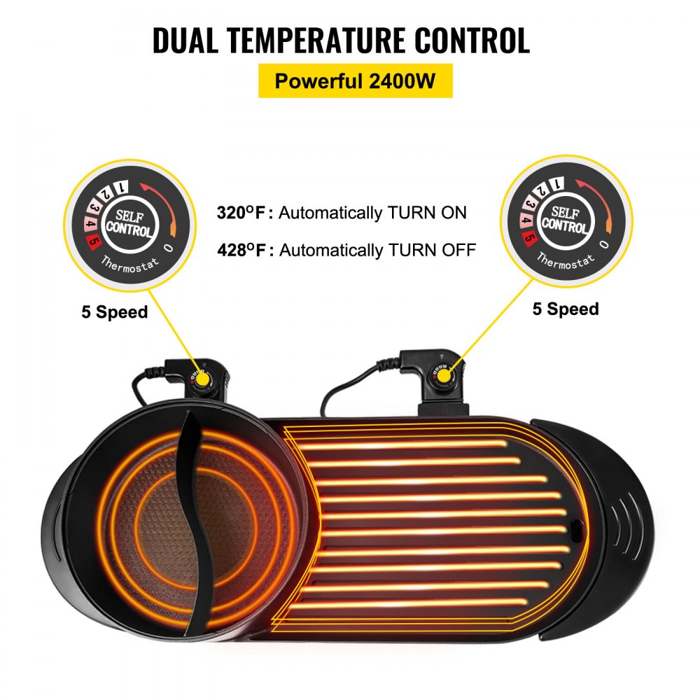 VEVOR 2 in 1 BBQ Pan Grill and Hot Pot with Divider Multifunctional Teppanyaki Grill Pot, Separate Dual Temperature Control Electric BBQ Stove Hot Pot, 5 Speed for Indoor Korean BBQ, Shabu Shabu Black