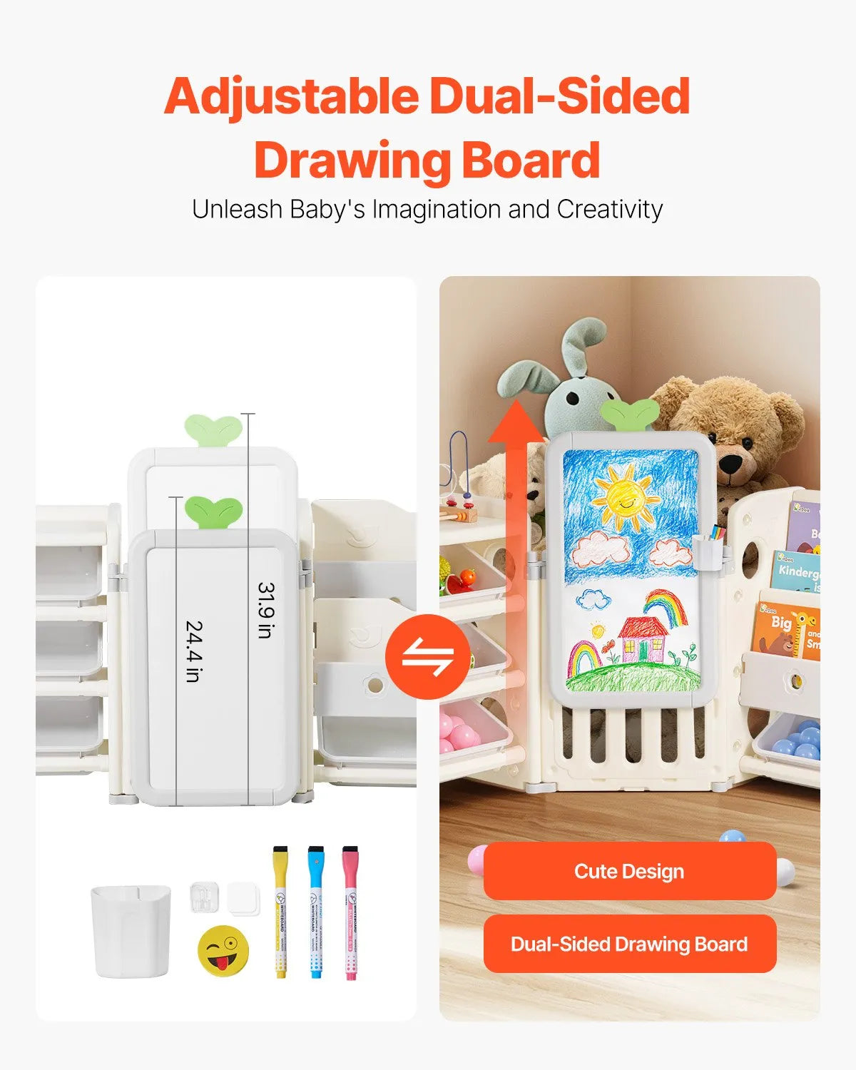 VEVOR Kid Toy Storage and Bookshelf with 10 Movable Plastic Bins & Drawing Board