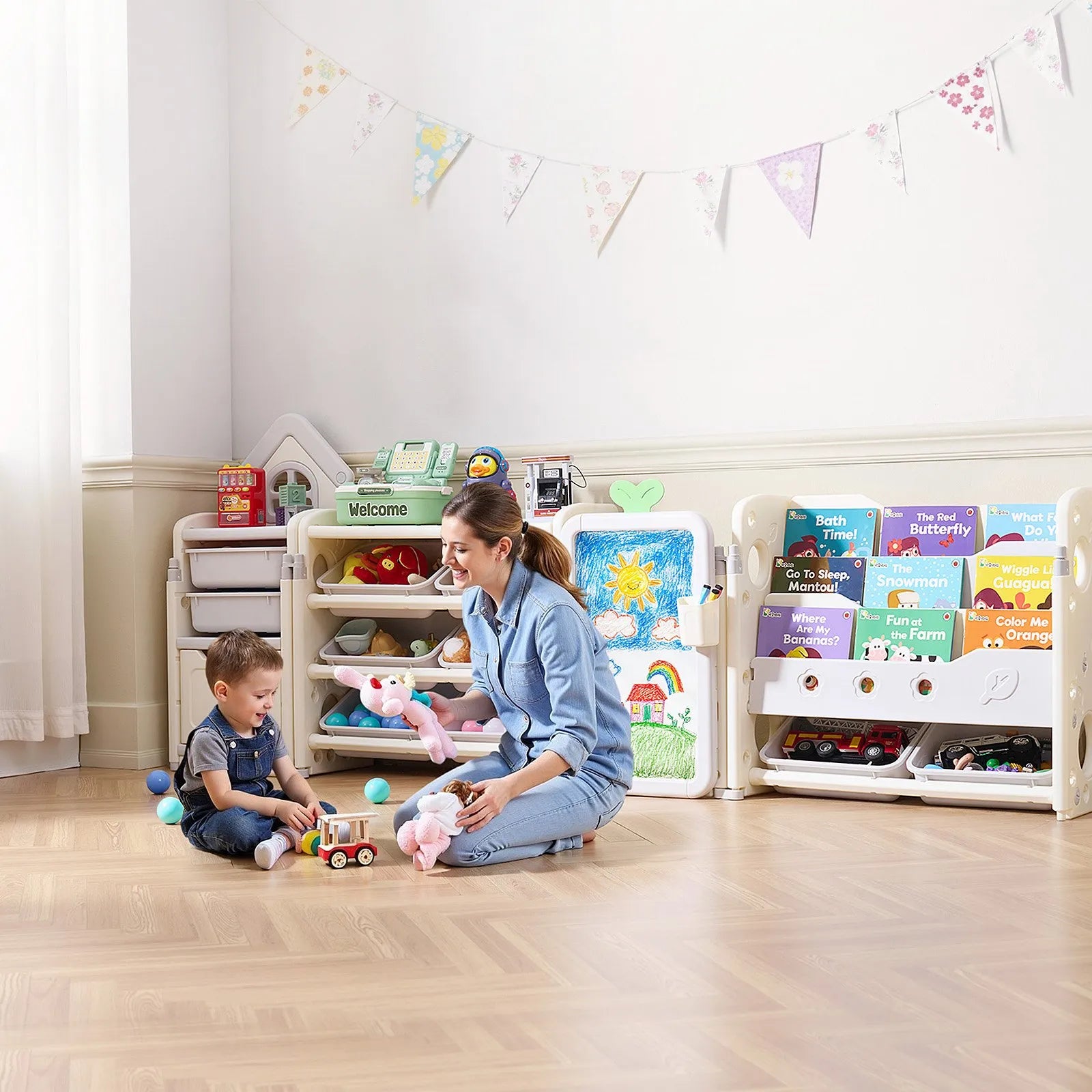 VEVOR Kid Toy Storage and Bookshelf with 10 Movable Plastic Bins & Drawing Board