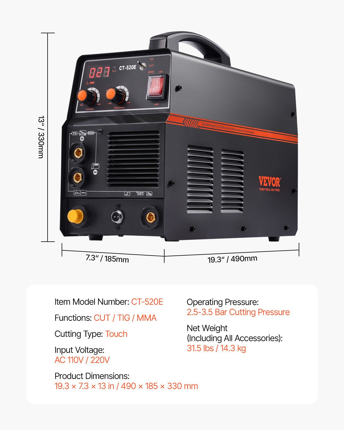 VEVOR 3 in 1 Plasma Cutter Welder Machine CT-520E TIG/MMA Plasma Cutter Combo