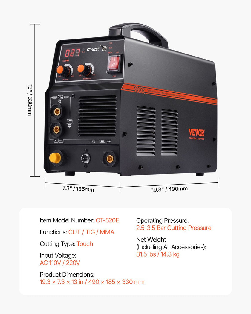 VEVOR 3 in 1 Plasma Cutter Welder Machine CT-520E TIG/MMA Plasma Cutter Combo