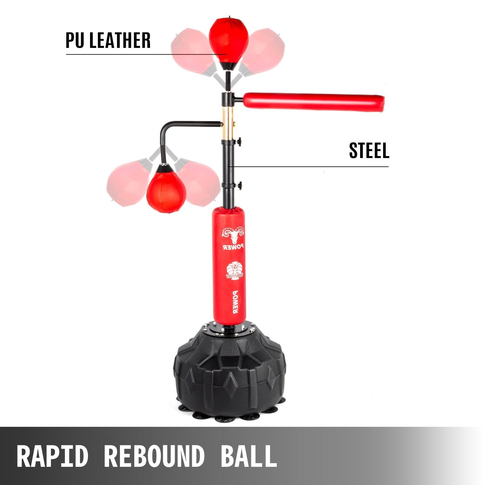 VEVOR Boxing Speed Trainer, Punching Bag Spinning Bar, Training Boxing Ball with Reflex Bar & Gloves, Solid Speed Punching Bag Free Standing, Adjustable Height, for Adult&Kid, Red with Two Ball