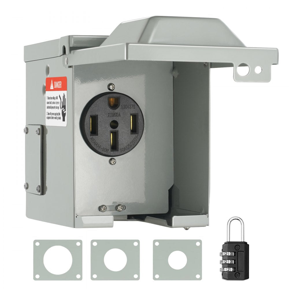 VEVOR 50 Amp RV Power Outlet Box, 125/250 Volt, Enclosed Lockable Outdoor RV Receptacle Box, NEMA 14-50R Weatherproof Electrical Panel, for RV Camper Trailer Motorhome Tested to UL Standards