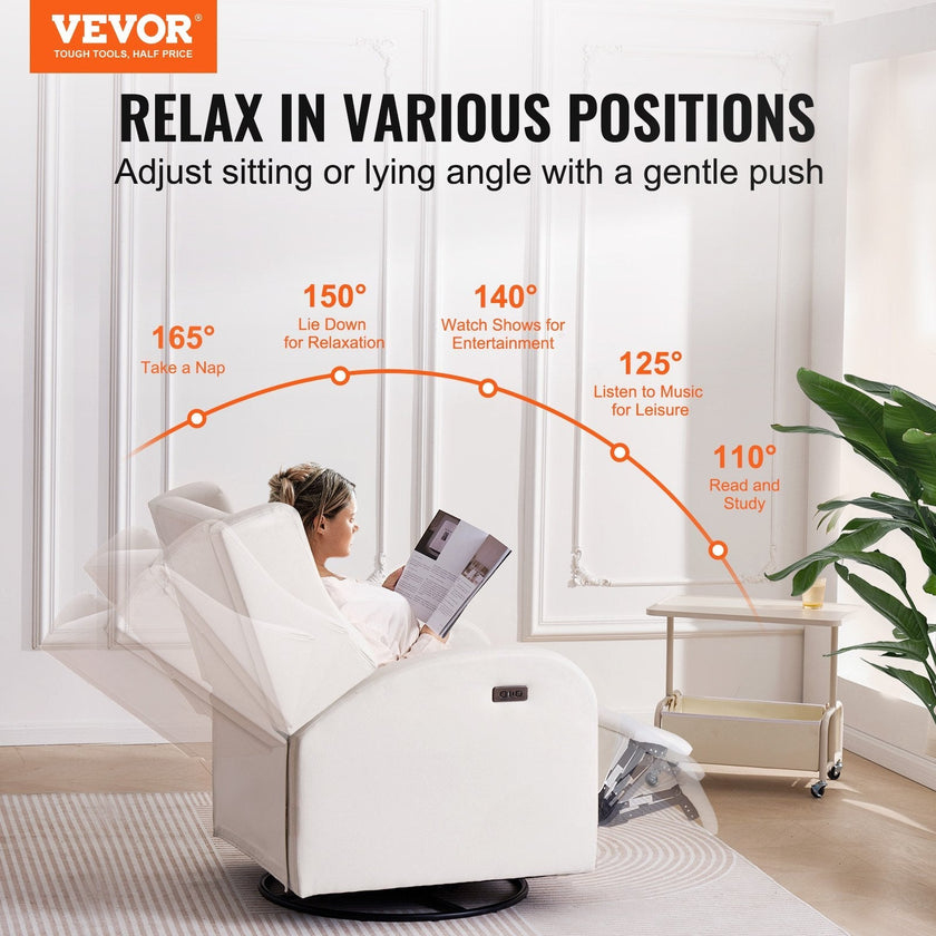 VEVOR Electronic Power Recliner and Swivel Glider, 250 lbs Weight Capacity Swivel Glider Recliner Chair with Adjustable Angle, Polyester Surface Recliner Rocker for Living Room, Bedroom, Off White