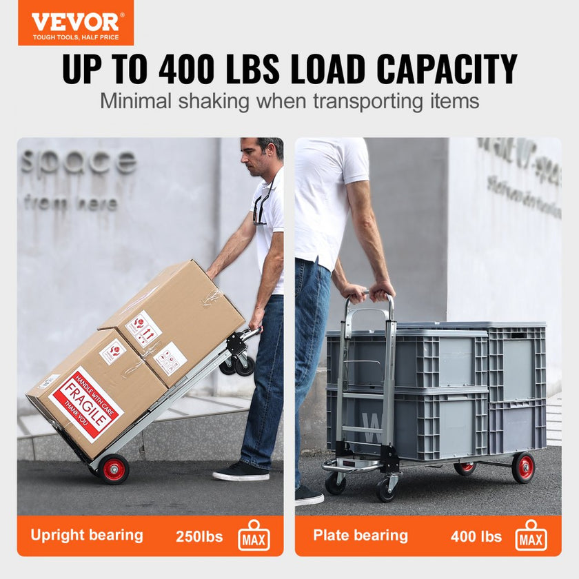 VEVOR Aluminum Hand Truck, 2 in 1, 400 lbs Load Capacity, Heavy Duty Industrial Convertible Folding Hand Truck and Dolly, Utility Cart Converts from Hand Truck to Platform Cart with Rubber Wheels