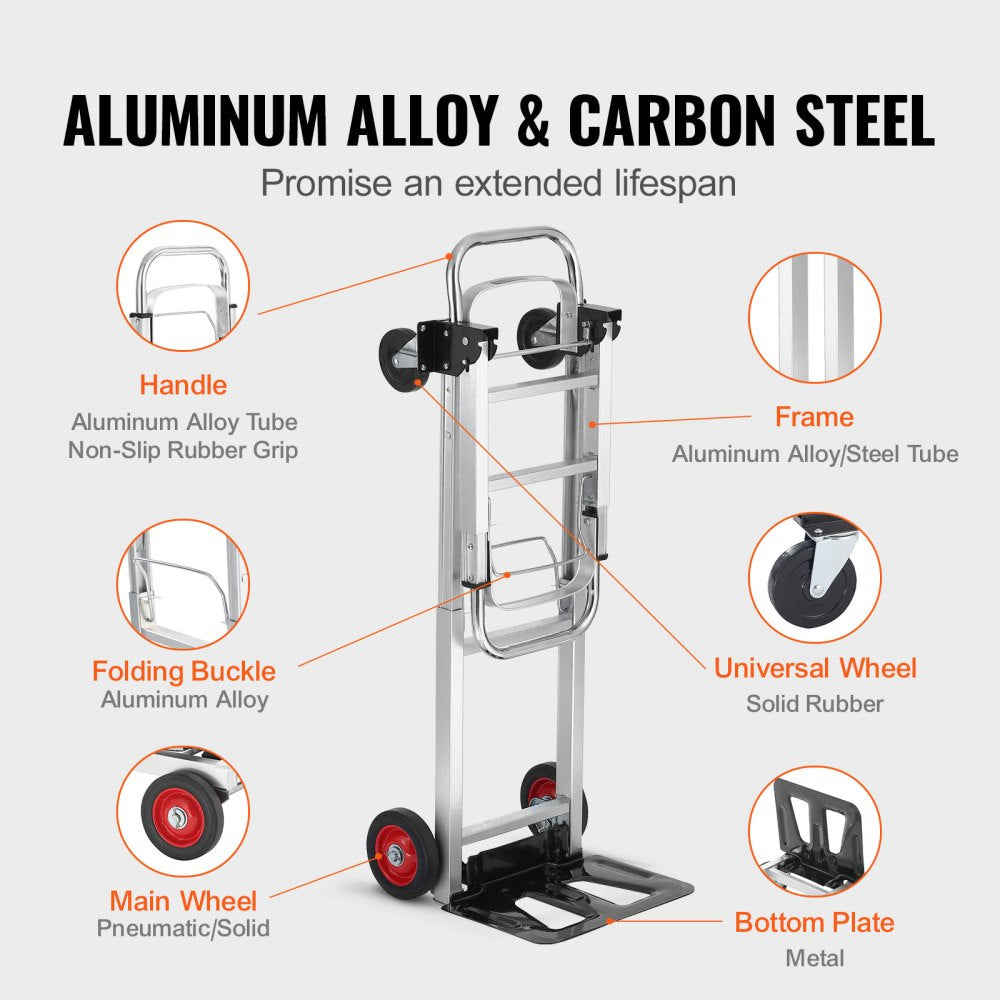 VEVOR Aluminum Hand Truck, 2 in 1, 400 lbs Load Capacity, Heavy Duty Industrial Convertible Folding Hand Truck and Dolly, Utility Cart Converts from Hand Truck to Platform Cart with Rubber Wheels