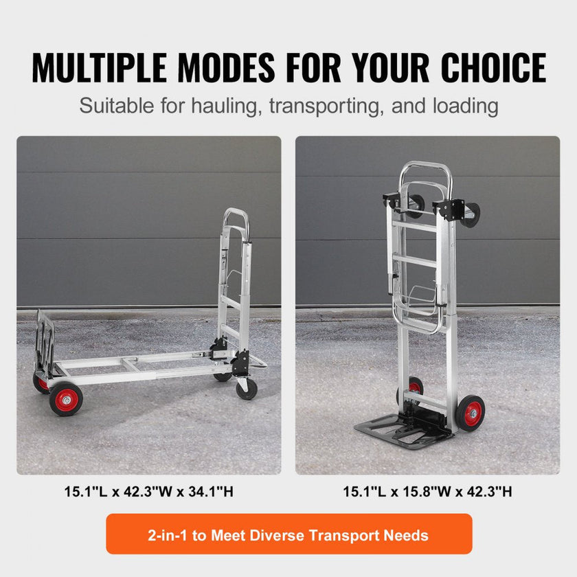 VEVOR Aluminum Hand Truck, 2 in 1, 400 lbs Load Capacity, Heavy Duty Industrial Convertible Folding Hand Truck and Dolly, Utility Cart Converts from Hand Truck to Platform Cart with Rubber Wheels