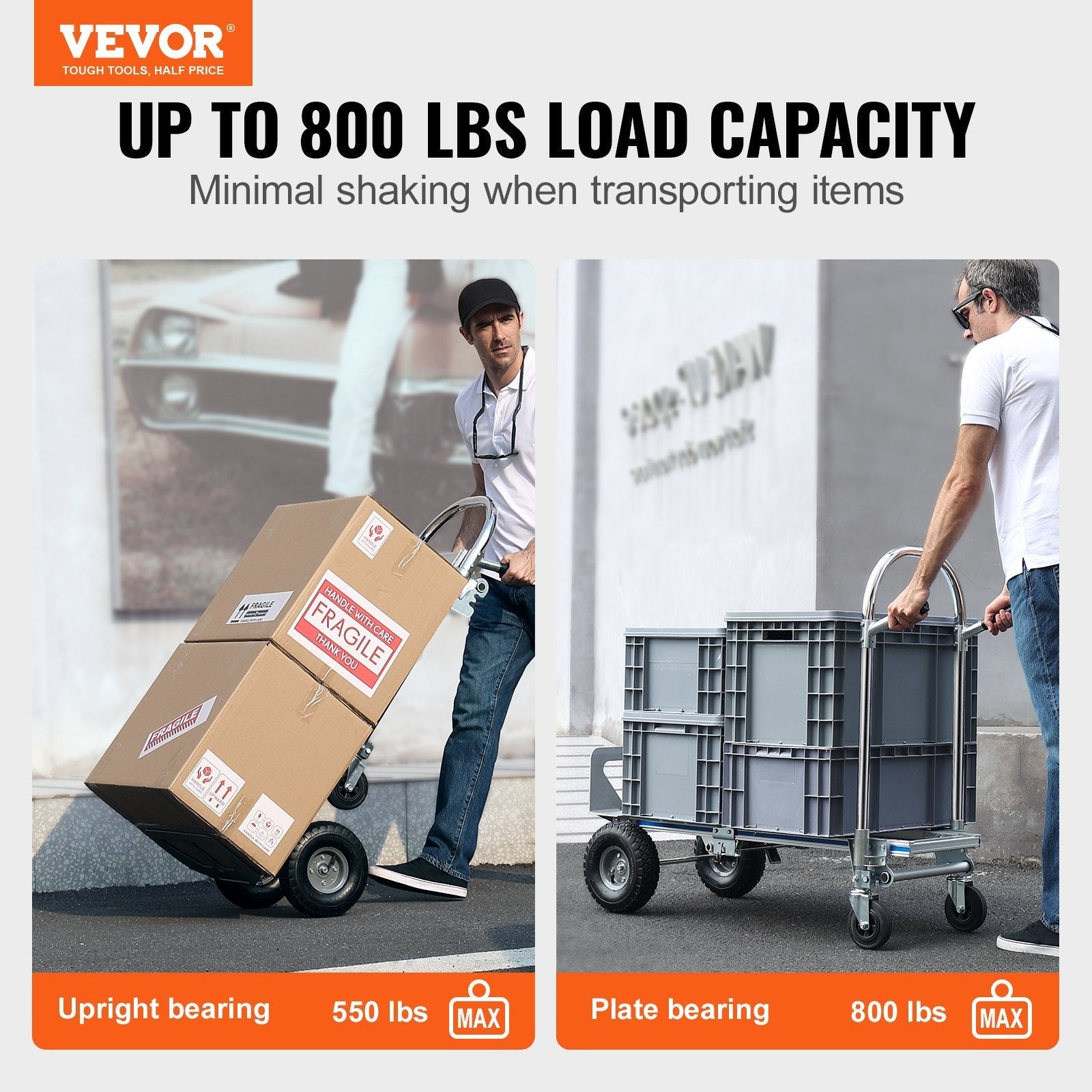 VEVOR Aluminum Hand Truck, 2 in 1, 800 lbs Load Capacity, Heavy Duty Industrial Convertible Folding Hand Truck and Dolly, Utility Cart Converts from Hand Truck to Platform Cart with Rubber Wheels