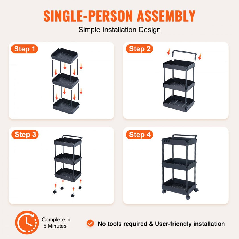 VEVOR 3-Tier Rolling Utility Cart, Kitchen Cart with Lockable Wheels, Multi-Functional Storage Trolley with Handle for Office, Living Room, Kitchen, Movable Storage Basket Organizer Shelves, Black