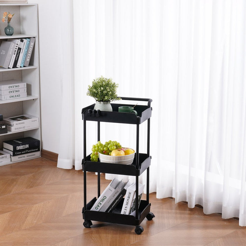 VEVOR 3-Tier Rolling Utility Cart, Kitchen Cart with Lockable Wheels, Multi-Functional Storage Trolley with Handle for Office, Living Room, Kitchen, Movable Storage Basket Organizer Shelves, Black
