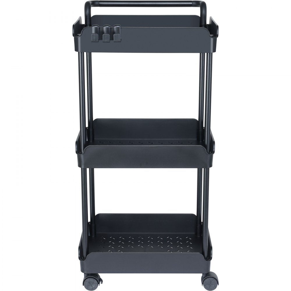 VEVOR 3-Tier Rolling Utility Cart, Kitchen Cart with Lockable Wheels, Multi-Functional Storage Trolley with Handle for Office, Living Room, Kitchen, Movable Storage Basket Organizer Shelves, Black