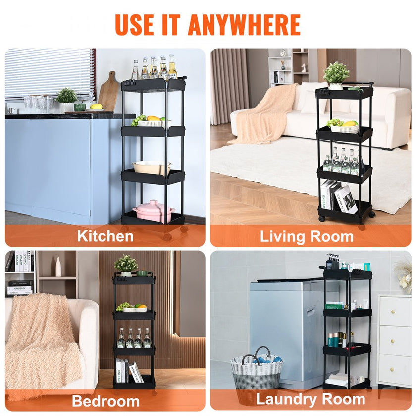VEVOR 4-Tier Rolling Utility Cart, Kitchen Cart with Lockable Wheels, Multi-Functional Storage Trolley with Handle for Office, Living Room, Kitchen, Movable Storage Basket Organizer Shelves, Black