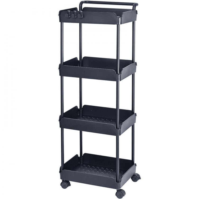 VEVOR 4-Tier Rolling Utility Cart, Kitchen Cart with Lockable Wheels, Multi-Functional Storage Trolley with Handle for Office, Living Room, Kitchen, Movable Storage Basket Organizer Shelves, Black