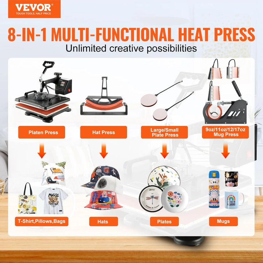 VEVOR Heat Press Machine 12x15 inch 8 in 1 Combo Digital Multifunctional Sublimation Heat Transfer Machine 360 Degree Rotation Swing Away for Printing T Shirts Hat Mug Cap Plate