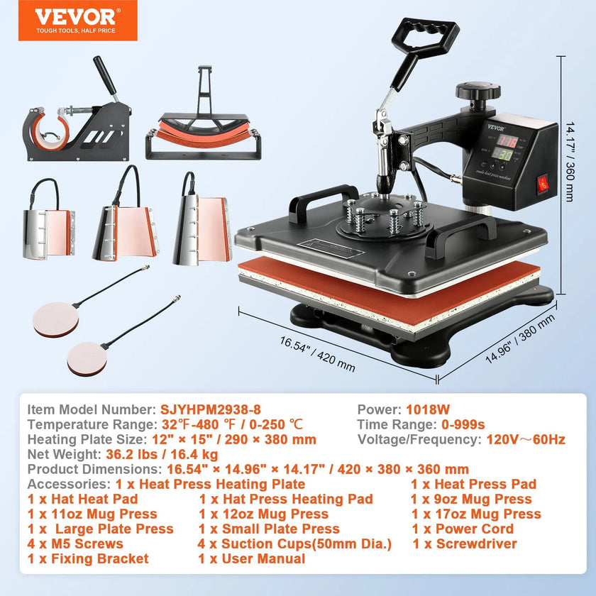 VEVOR Heat Press Machine 12x15 inch 8 in 1 Combo Digital Multifunctional Sublimation Heat Transfer Machine 360 Degree Rotation Swing Away for Printing T Shirts Hat Mug Cap Plate