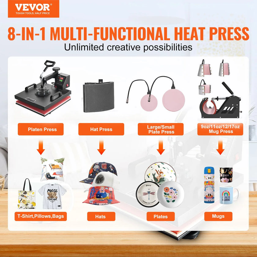 VEVOR Heat Press 15x15 Inch 8 in 1 Heat Press Machine Digital Multifunctional Sublimation Heat Transfer Machine Dual LED Display 360 Degree Rotation Swing Away for Printing T Shirts Hat Mug Cap Plate