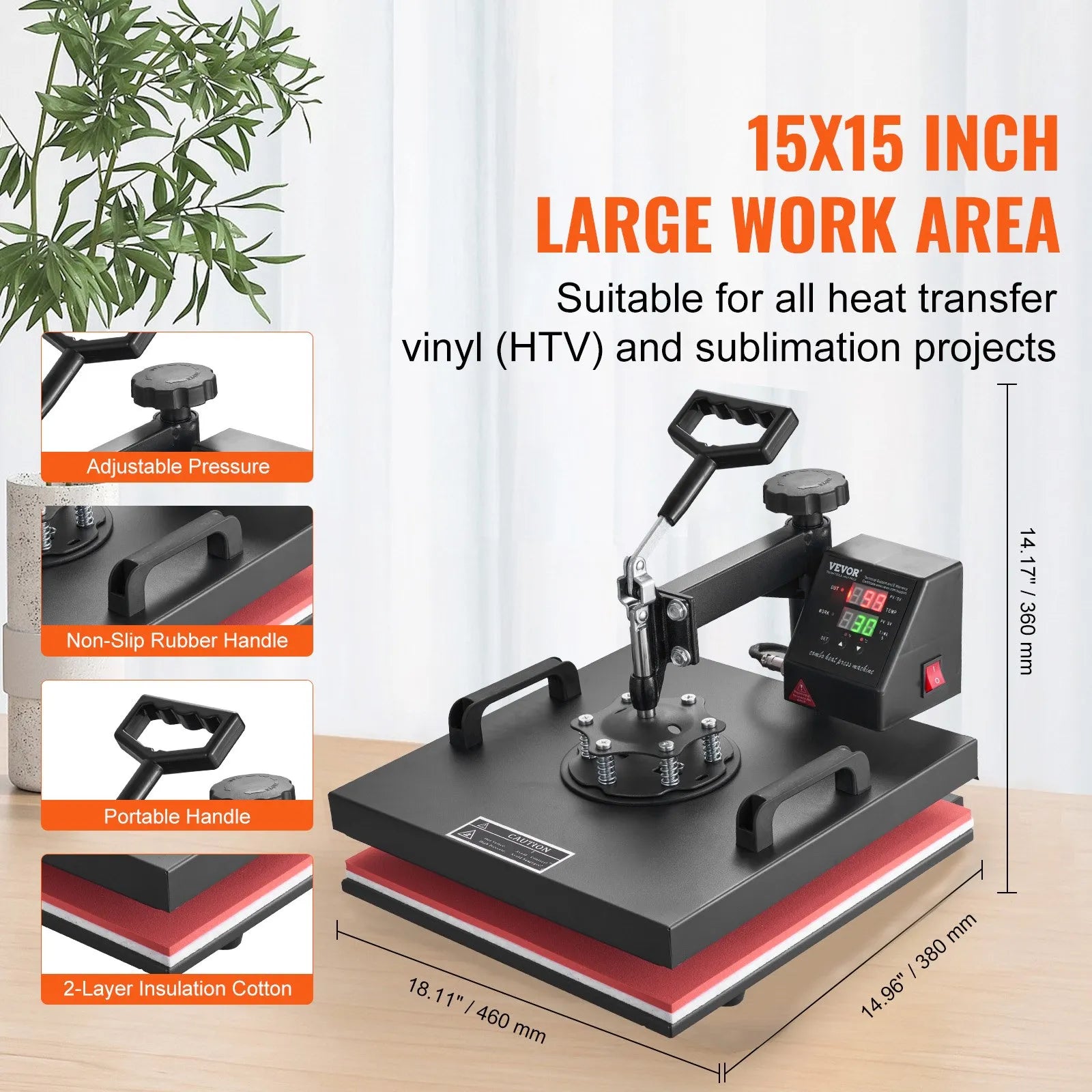VEVOR Heat Press 15x15 Inch 8 in 1 Heat Press Machine Digital Multifunctional Sublimation Heat Transfer Machine Dual LED Display 360 Degree Rotation Swing Away for Printing T Shirts Hat Mug Cap Plate